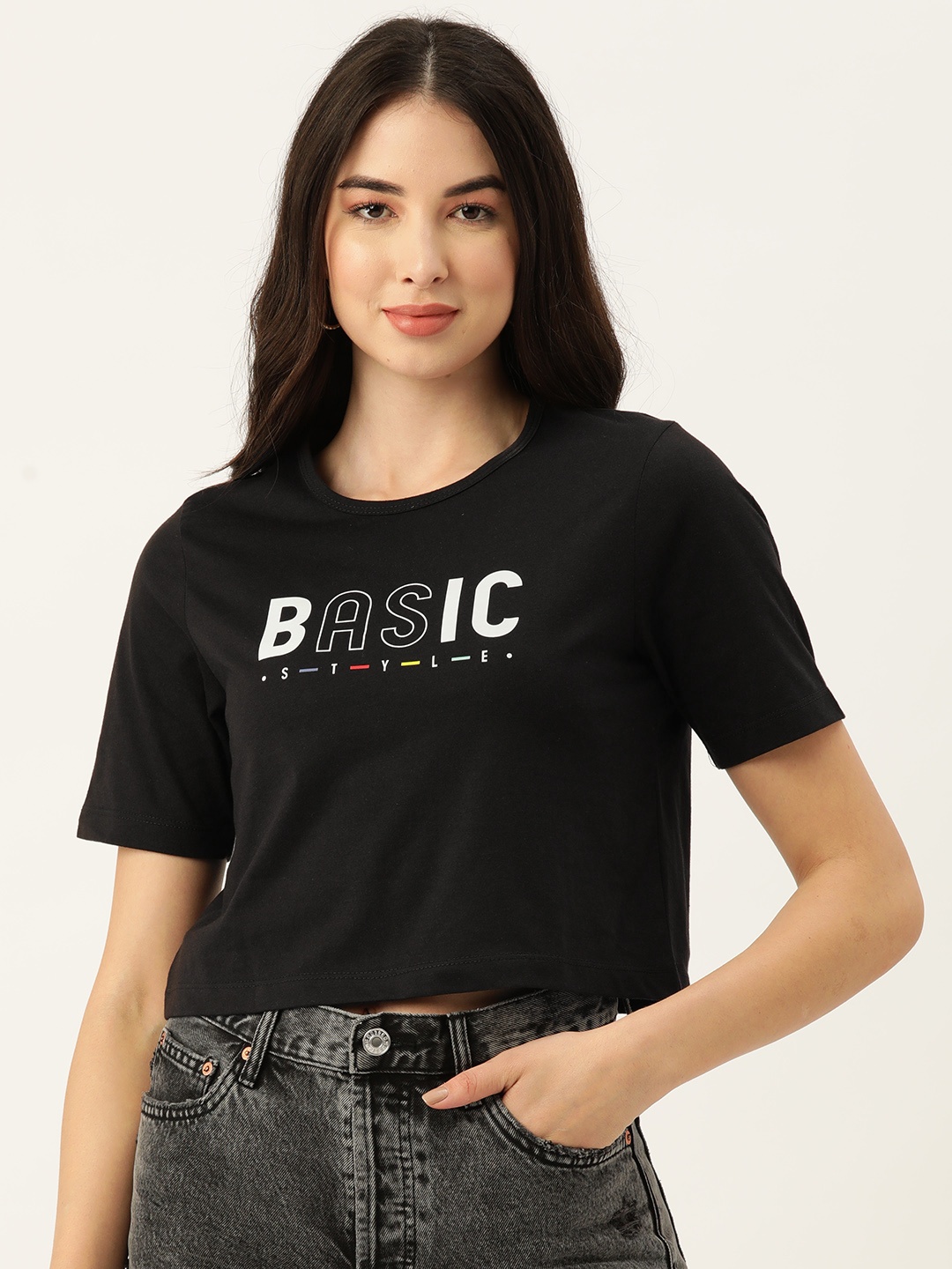 

Slenor Women Black Printed Pure Cotton T-shirt