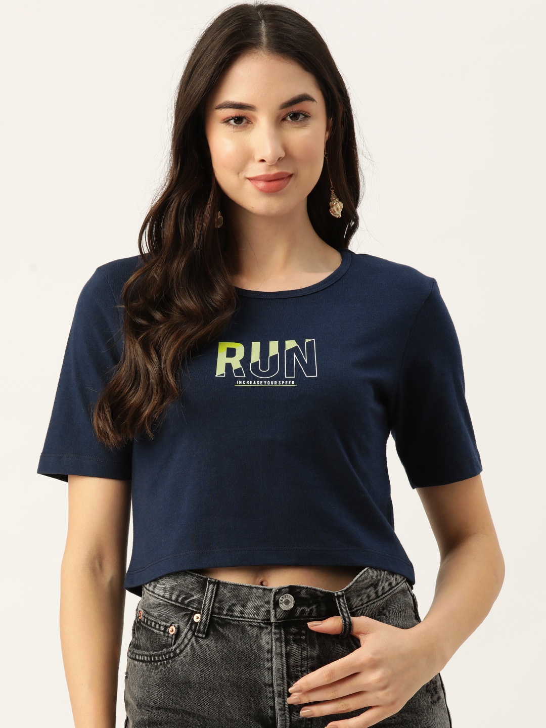

Slenor Women Typography Printed Pure Cotton T-shirt, Navy blue