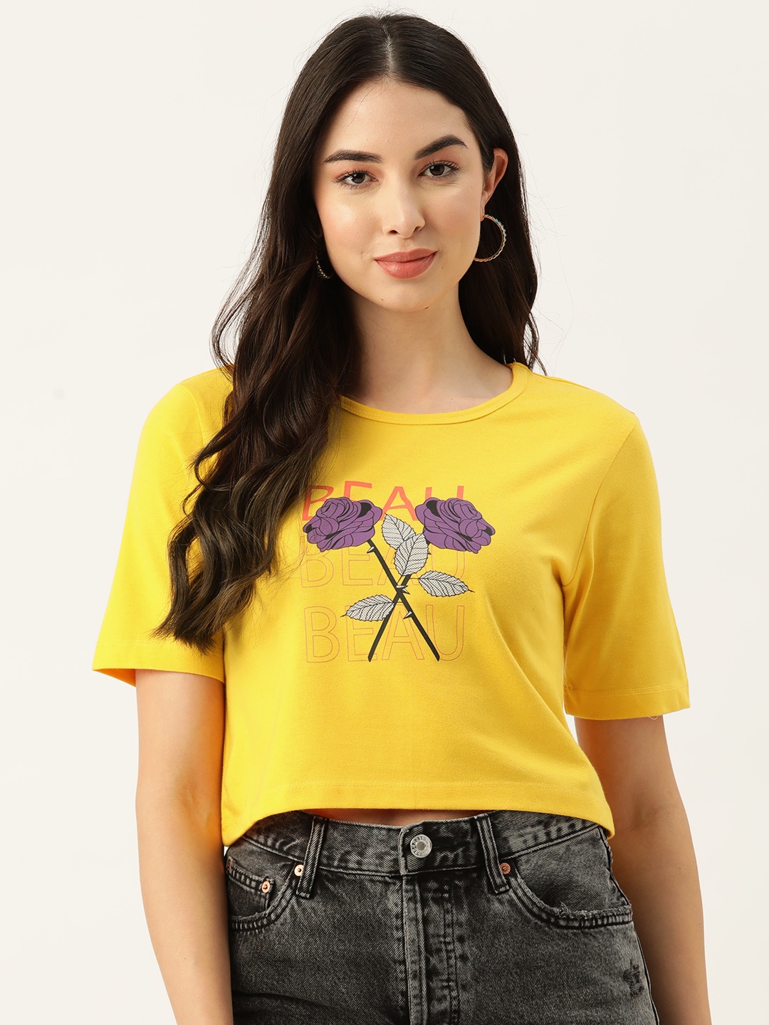 

Slenor Women Printed Pure Cotton T-shirt, Yellow