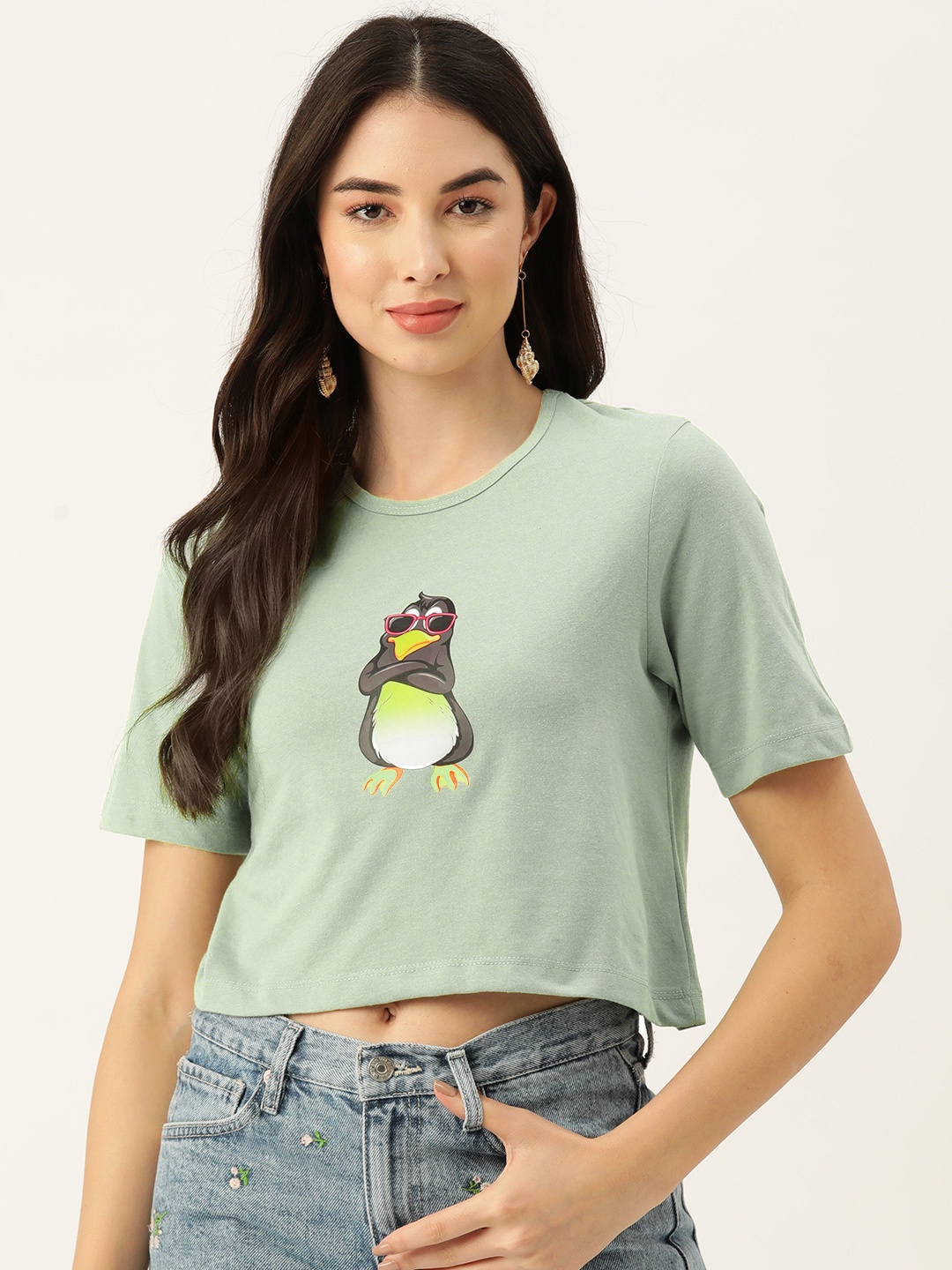 

Slenor Women Printed Pure Cotton T-shirt, Green