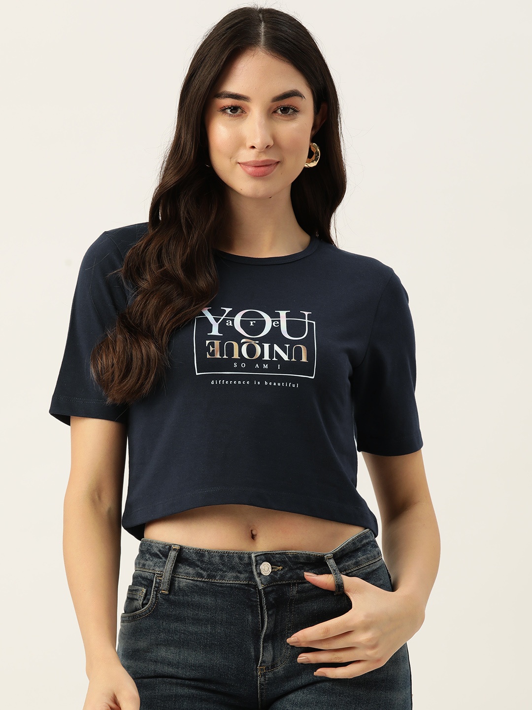 

Slenor Women Navy Blue Printed Pure Cotton T-shirt