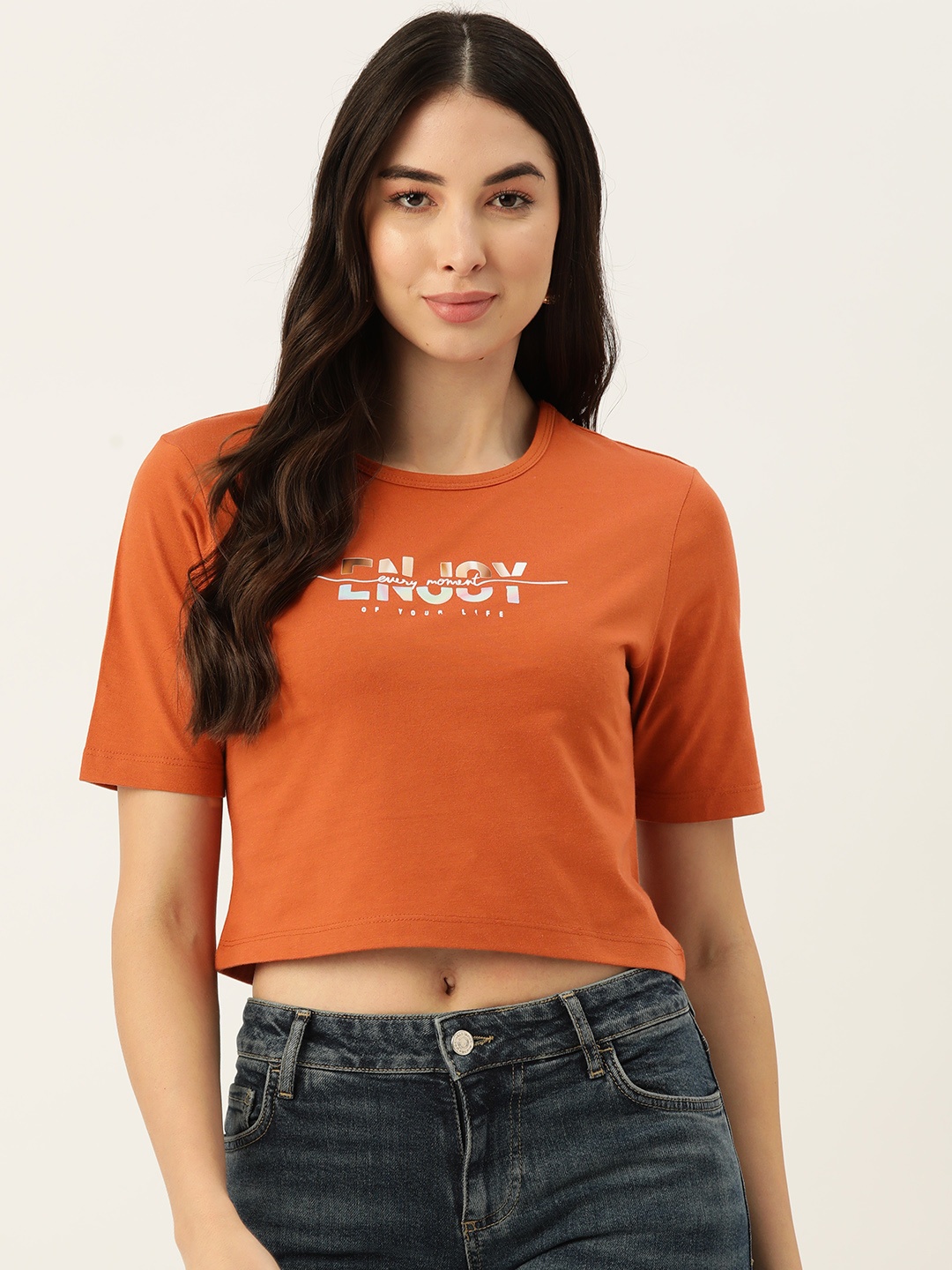 

Slenor Women Orange Printed Pure Cotton T-shirt