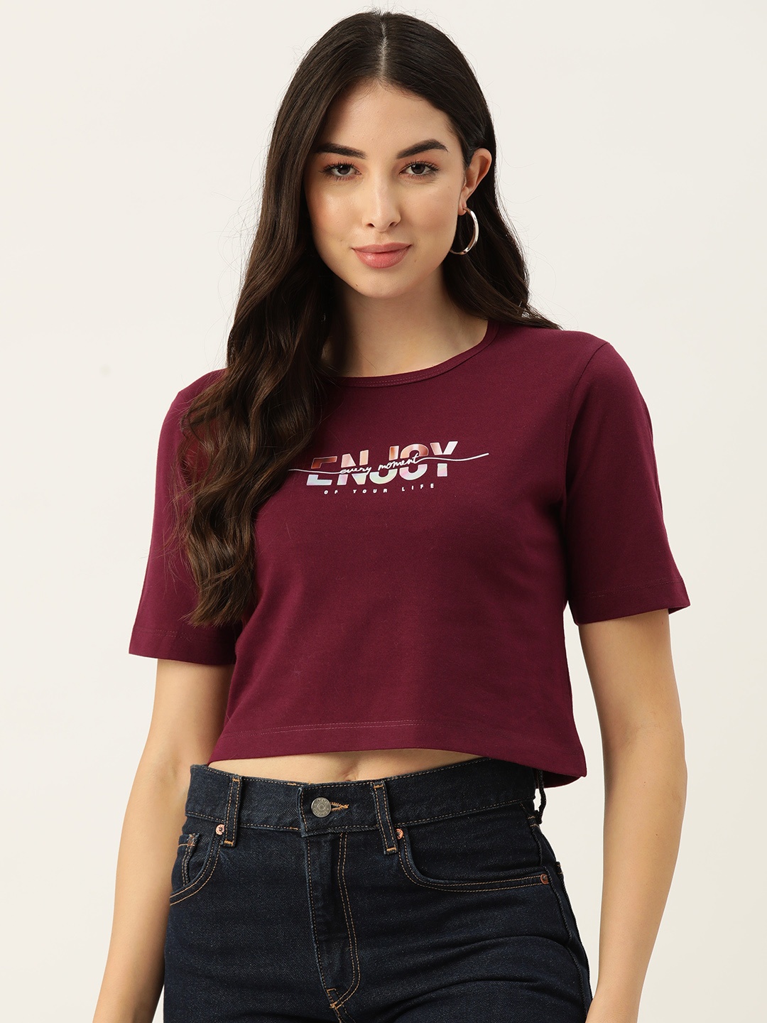 Slenor Women Maroon Printed Pure Cotton T-shirt