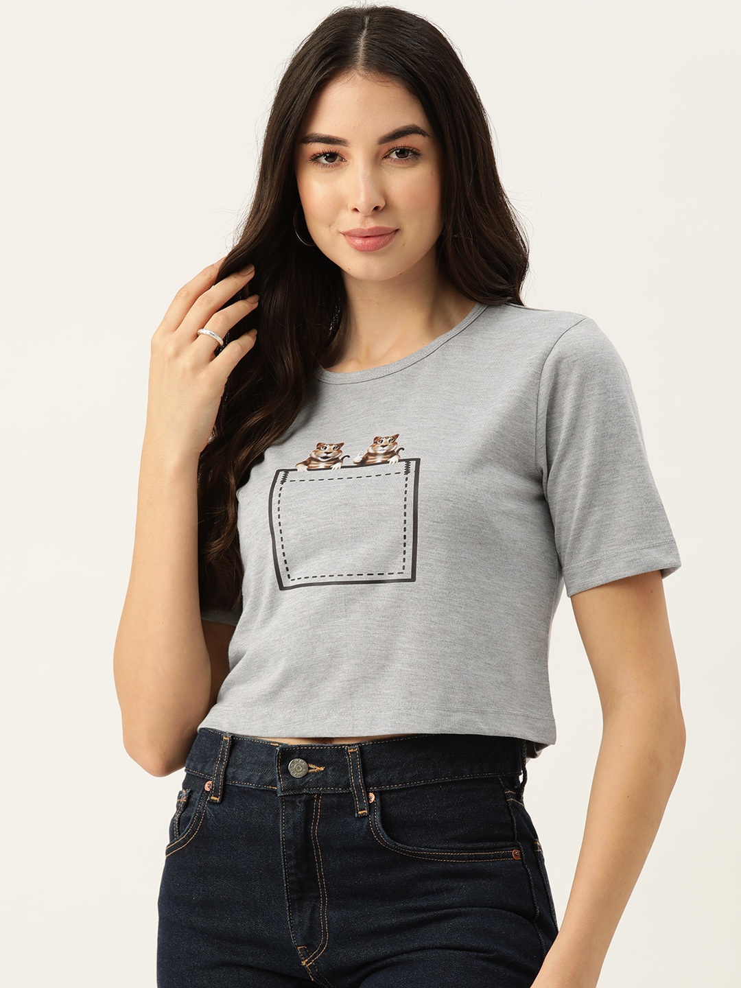 

Slenor Women Grey Melange Printed Pure Cotton T-shirt