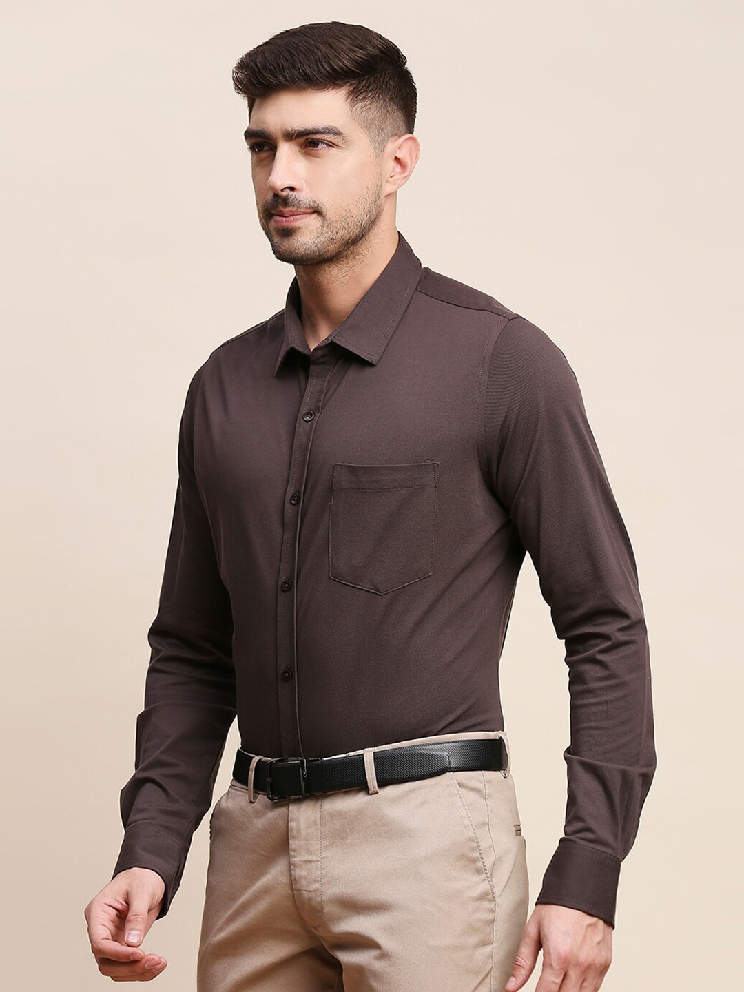 

INVICTUS Original Fit Spread Collar Knit Formal Shirt, Coffee brown