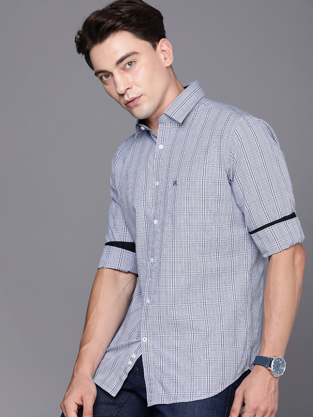 

Raymond Premium Slim Fit Pure Cotton Checked Casual Shirt, Blue