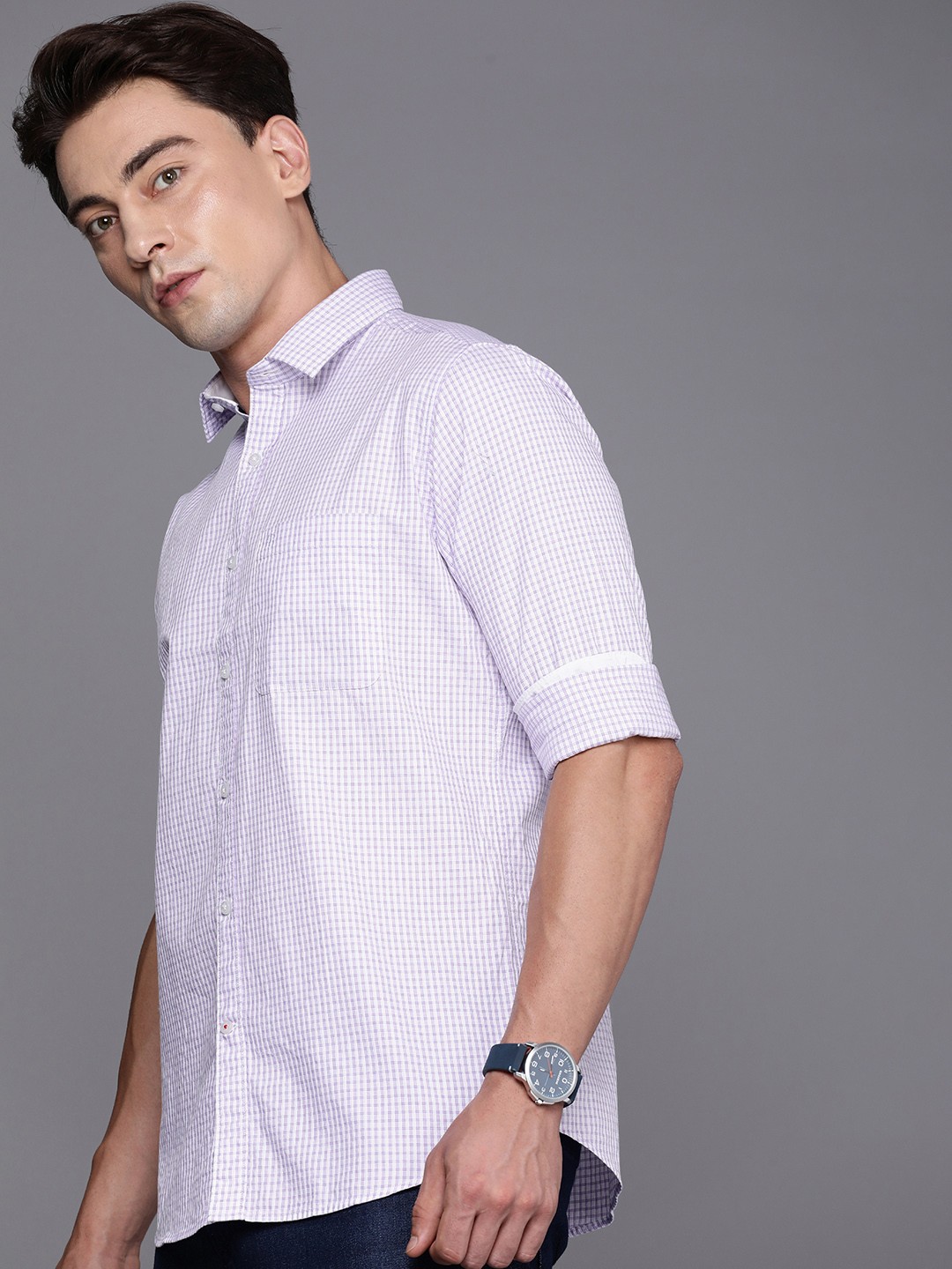 

Raymond Premium Slim Fit Pure Cotton Checked Casual Shirt, Purple