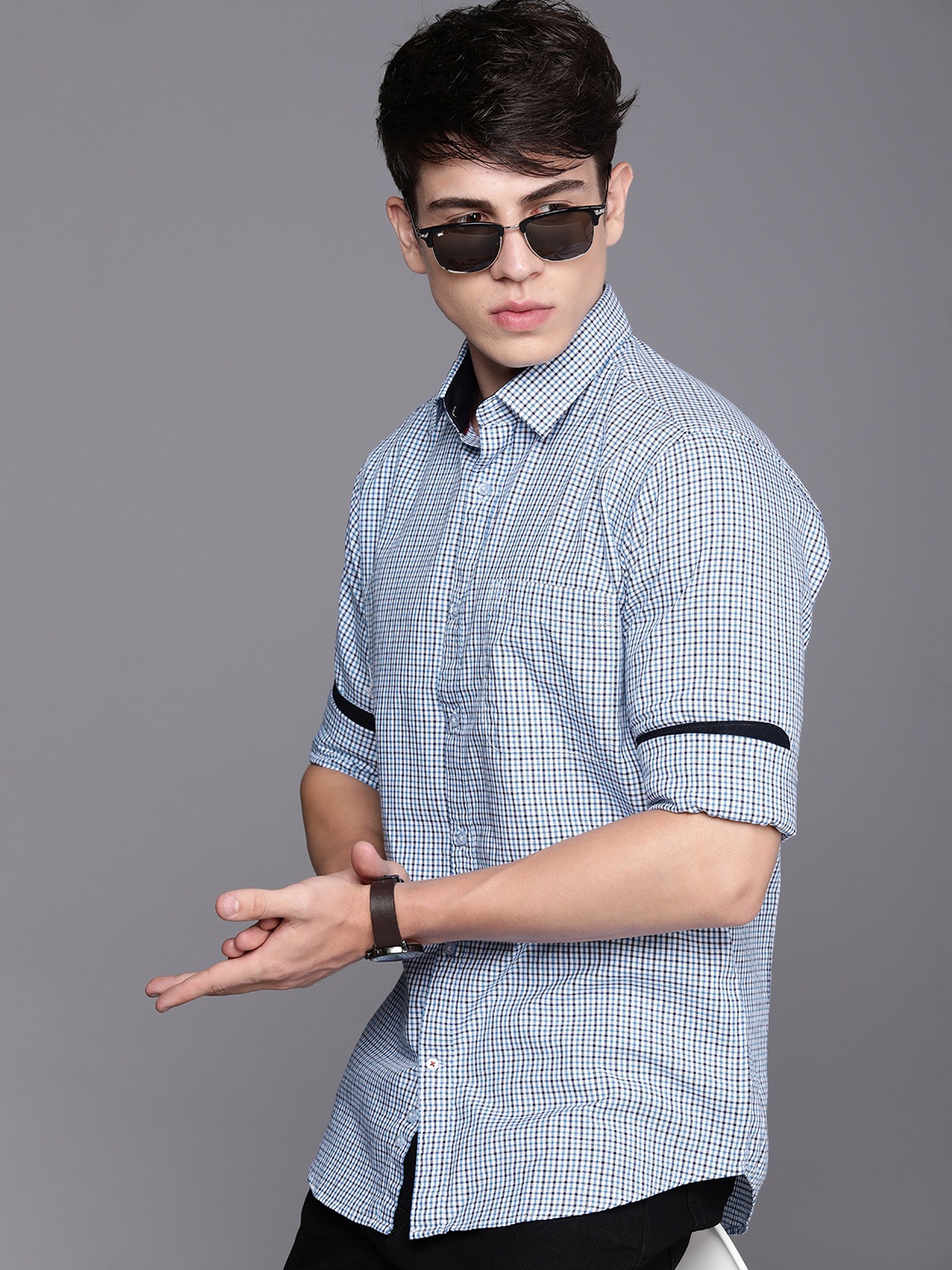 

Raymond Premium Slim Fit Pure Cotton Checked Casual Shirt, Blue