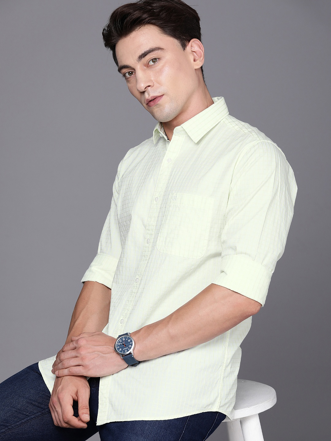 

Raymond Premium Slim Fit Pure Cotton Checked Casual Shirt, Lime green