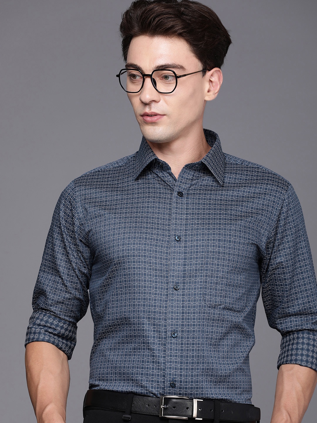 

Raymond Self Design Checked Slim Fit Pure Cotton Formal Shirt, Blue