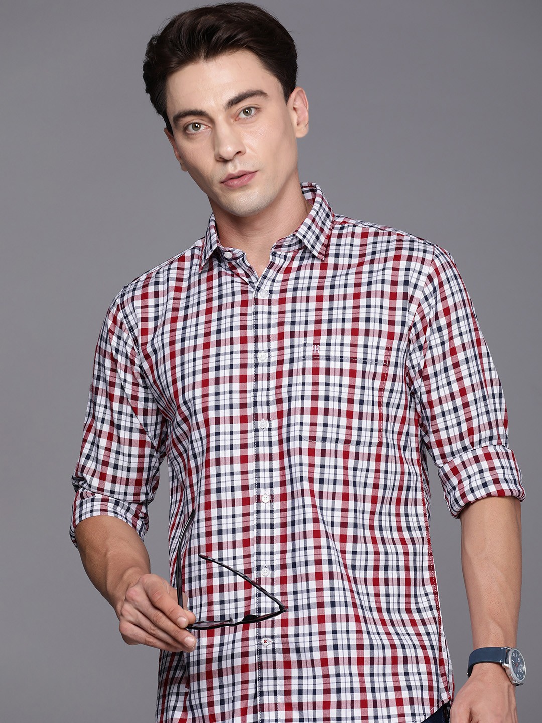 

Raymond Premium Slim Fit Pure Cotton Checked Casual Shirt, Red