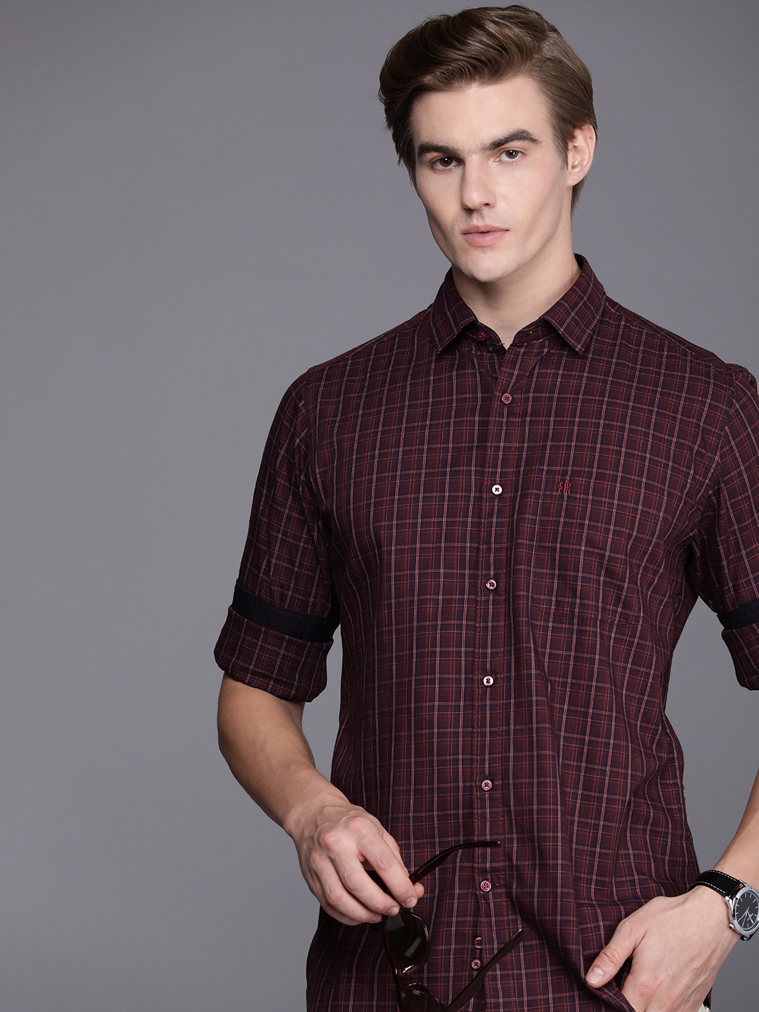 

Raymond Slim Fit Checked Pure Cotton Casual Shirt, Maroon