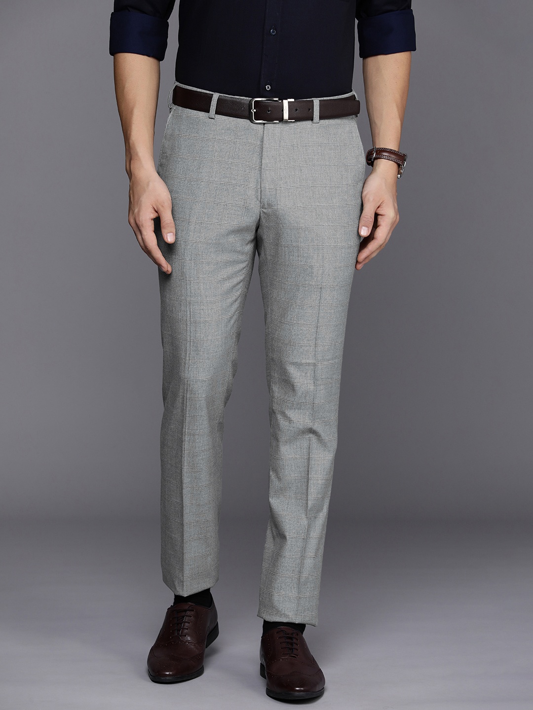 

Raymond Men Checked Flat Front Slim Fit Formal Trousers, Grey