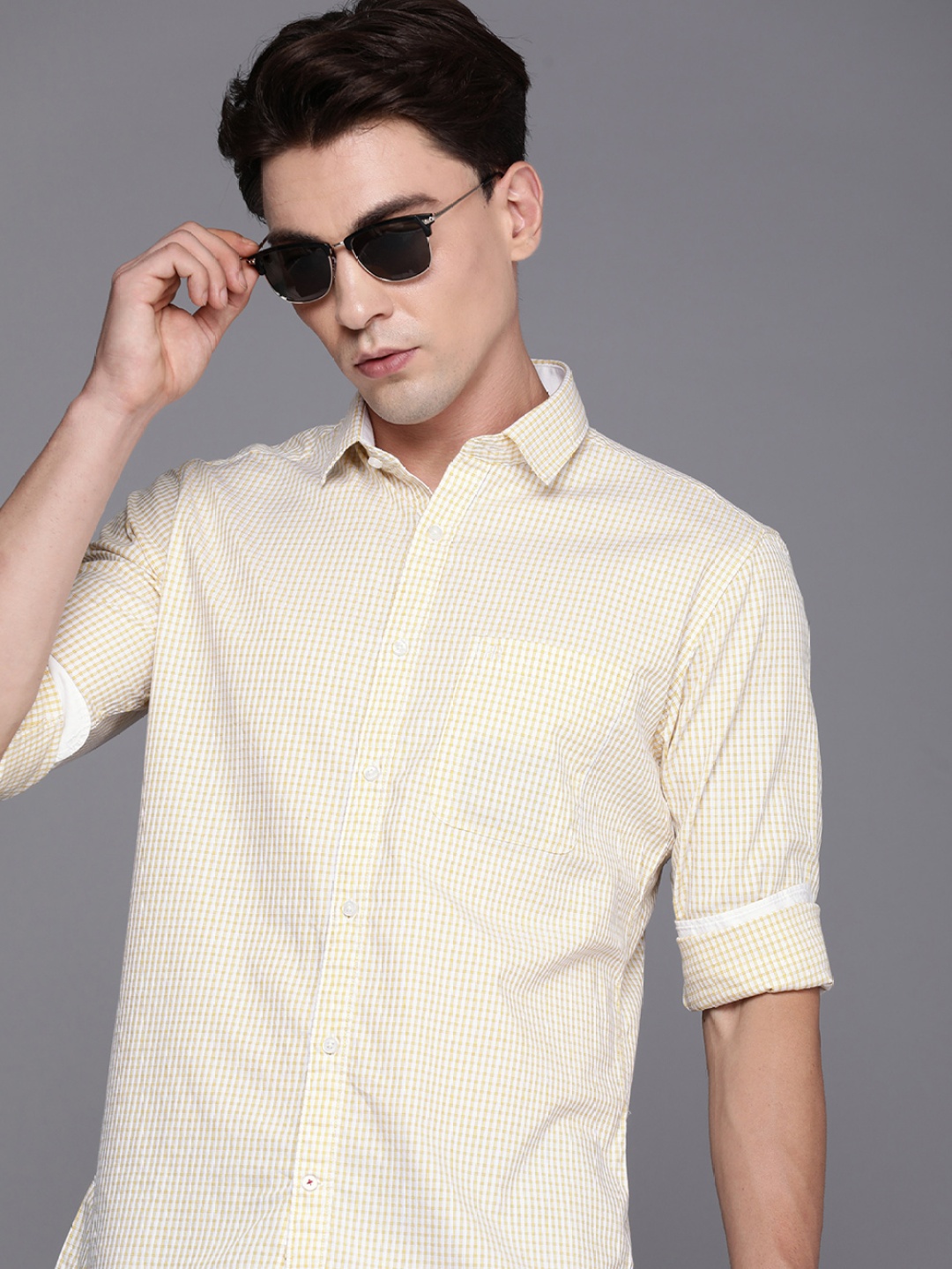 

Raymond Premium Slim Fit Pure Cotton Checked Casual Shirt, Yellow