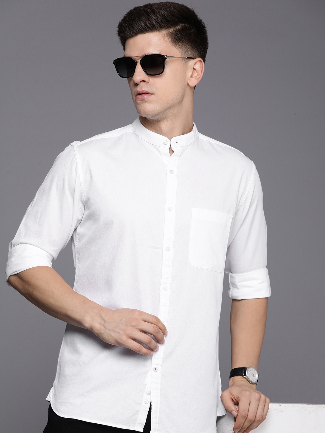 

Raymond Men Pure Cotton Solid Band Collar Slim Fit Casual Shirt, White