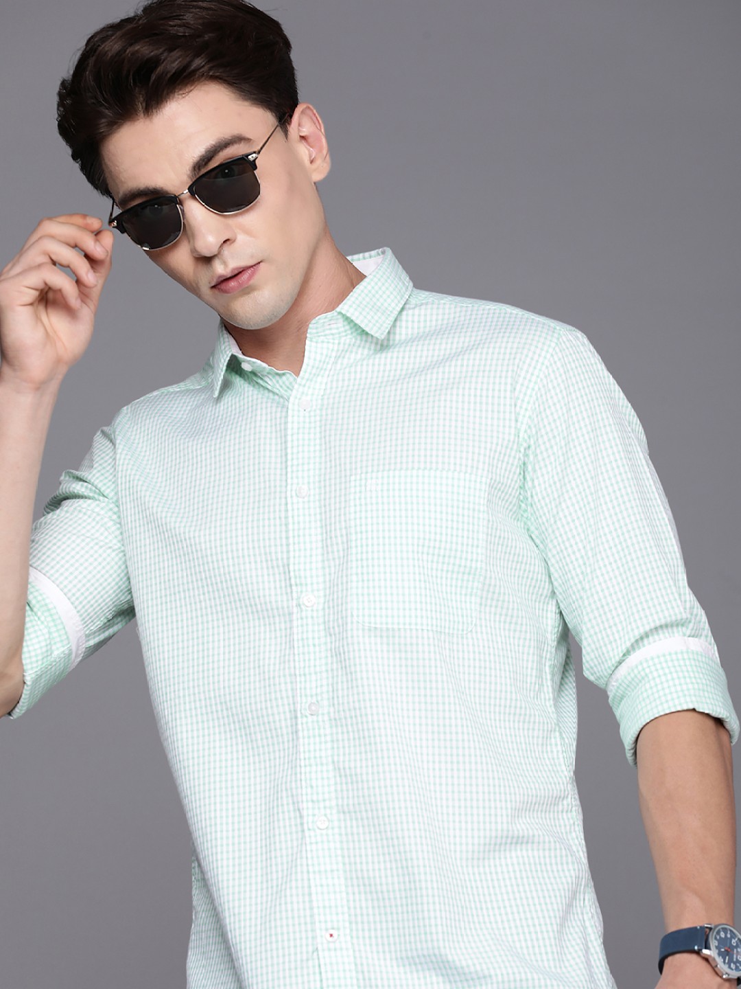 

Raymond Premium Slim Fit Pure Cotton Checked Casual Shirt, Green