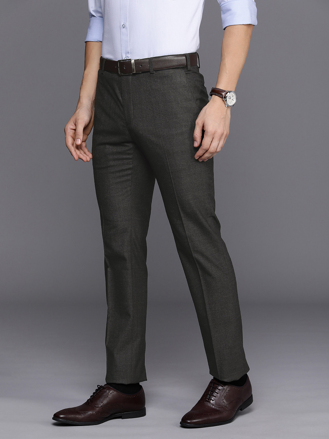 

Raymond Men Checked Flat Front Slim Fit Formal Trousers, Black