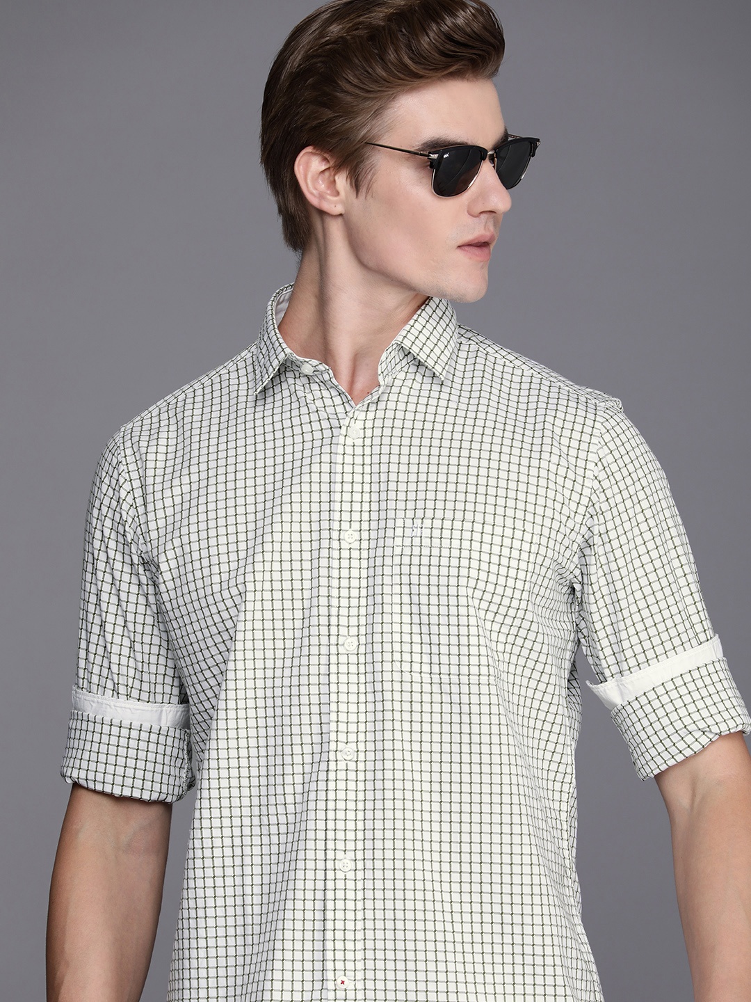 

Raymond Self Design Checked Slim Fit Pure Cotton Casual Shirt, Olive