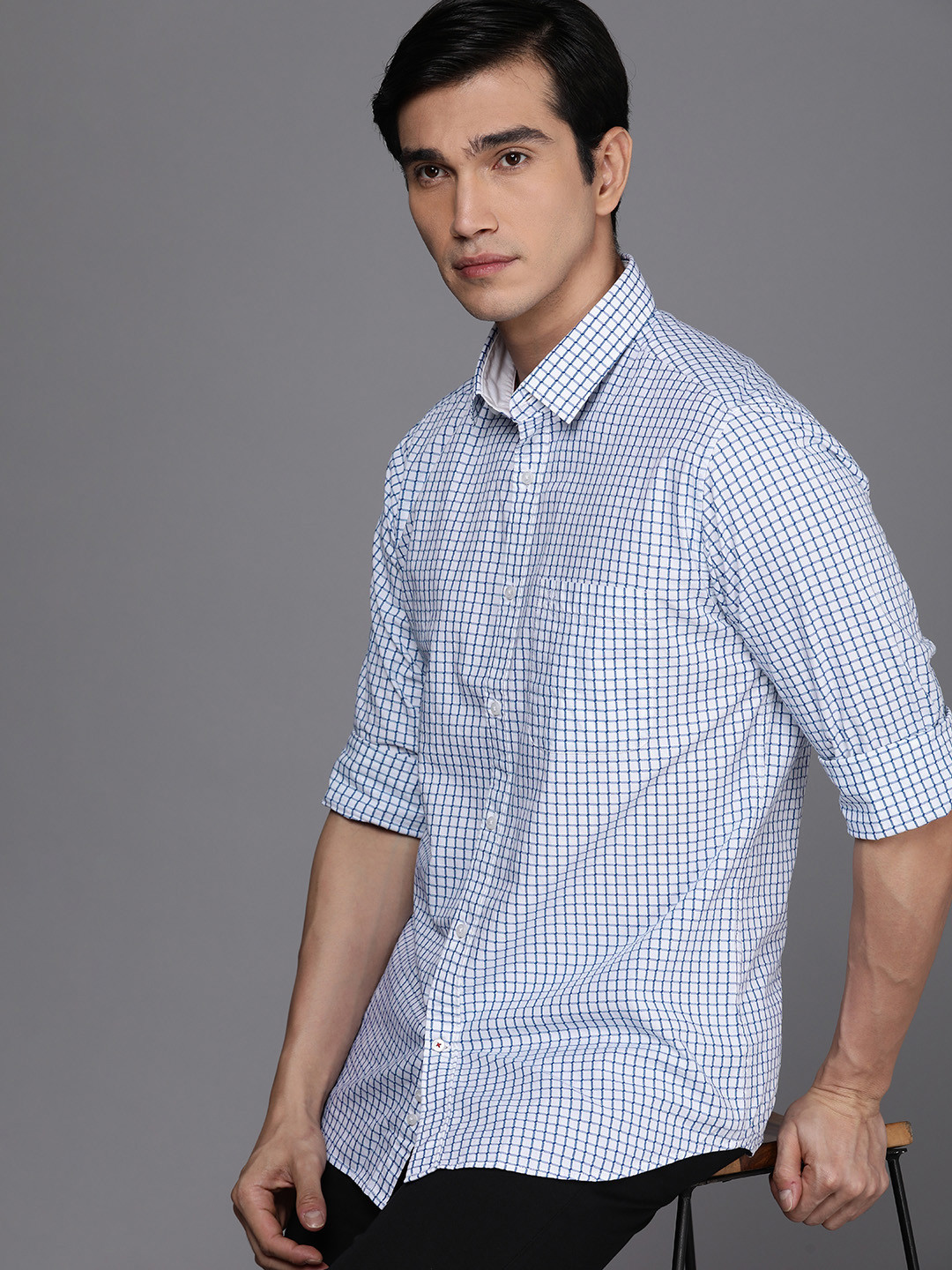 

Raymond Slim Fit Self Design Checked Pure Cotton Casual Shirt, Blue