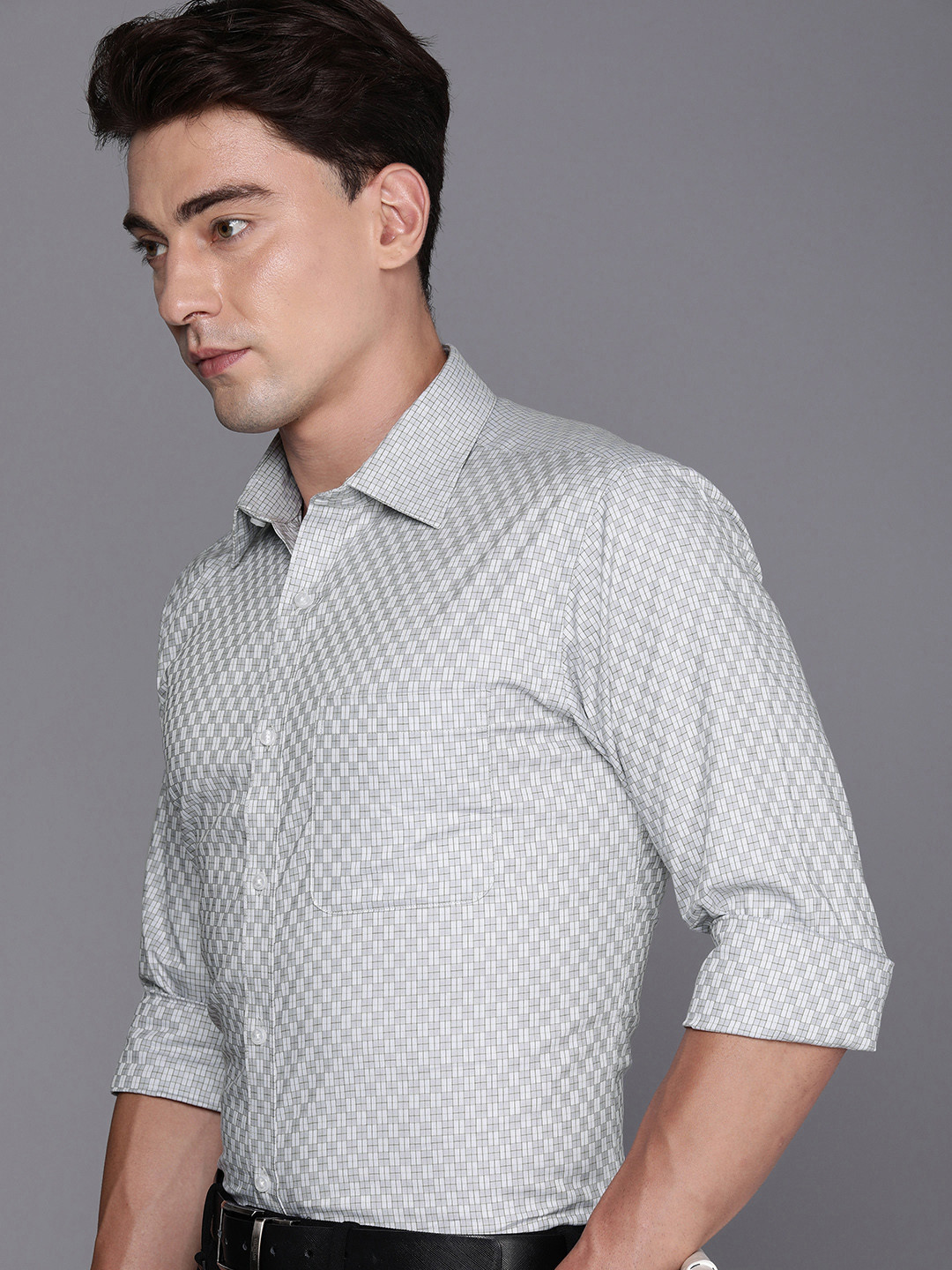

Raymond Self-Design Checked Slim Fit Pure Cotton Formal Shirt, Grey