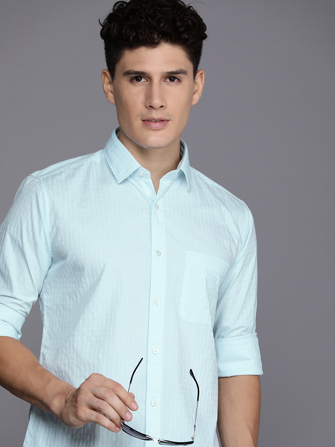 

Raymond Slim Fit Self Design Grid Tattersall Checks Pure Cotton Casual Shirt, Blue