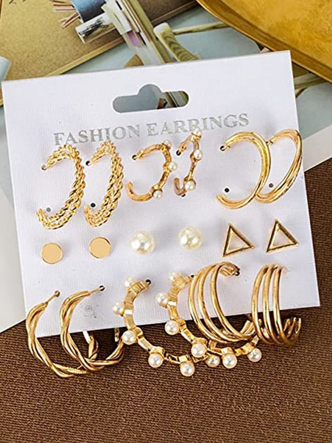 

VIEN Set Of 9 Gold-Plated Contemporary Earrings