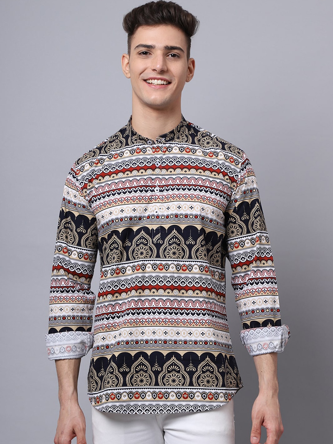 

Majestic Man Ethnic Motifs Printed Band Collar Pure Cotton Kurta, Beige