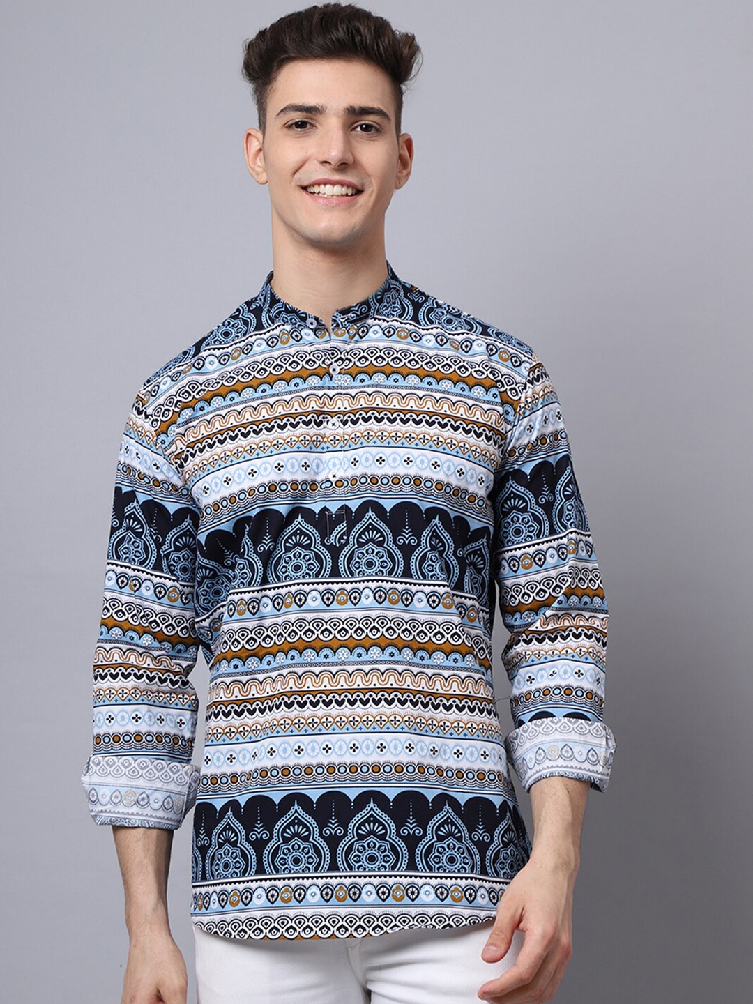

Majestic Man Ethnic Motifs Printed Band Collar Pure Cotton Kurta, Blue