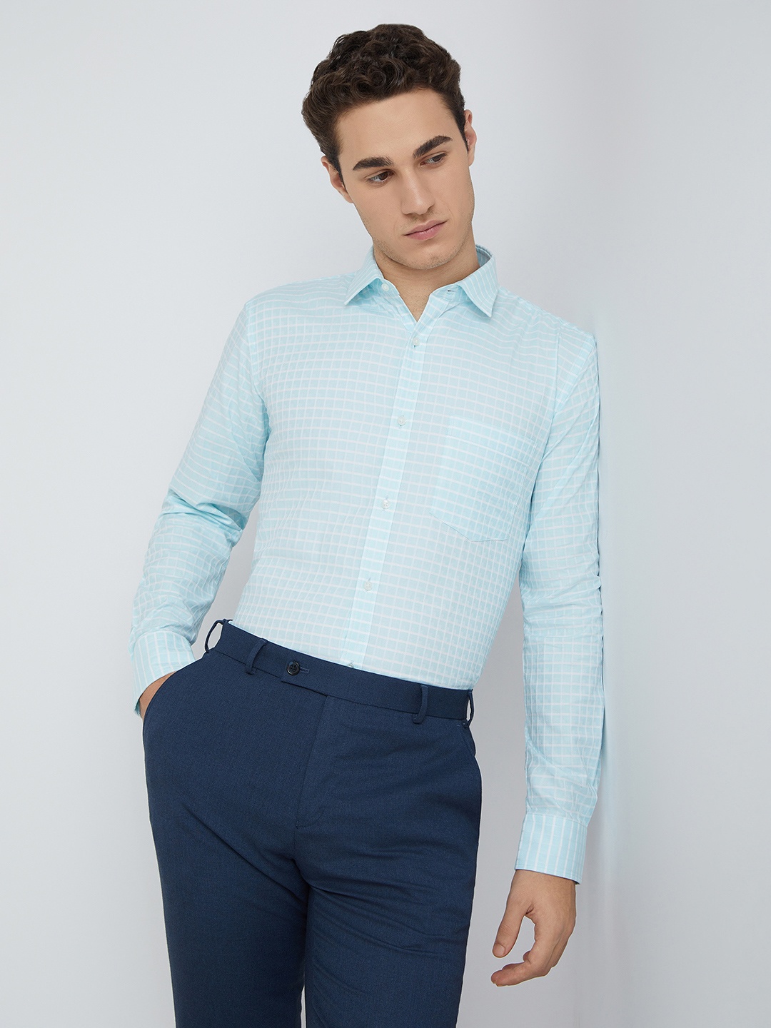 

Park Avenue Men Pure Cotton Slim Fit Opaque Checked Formal Shirt, Blue