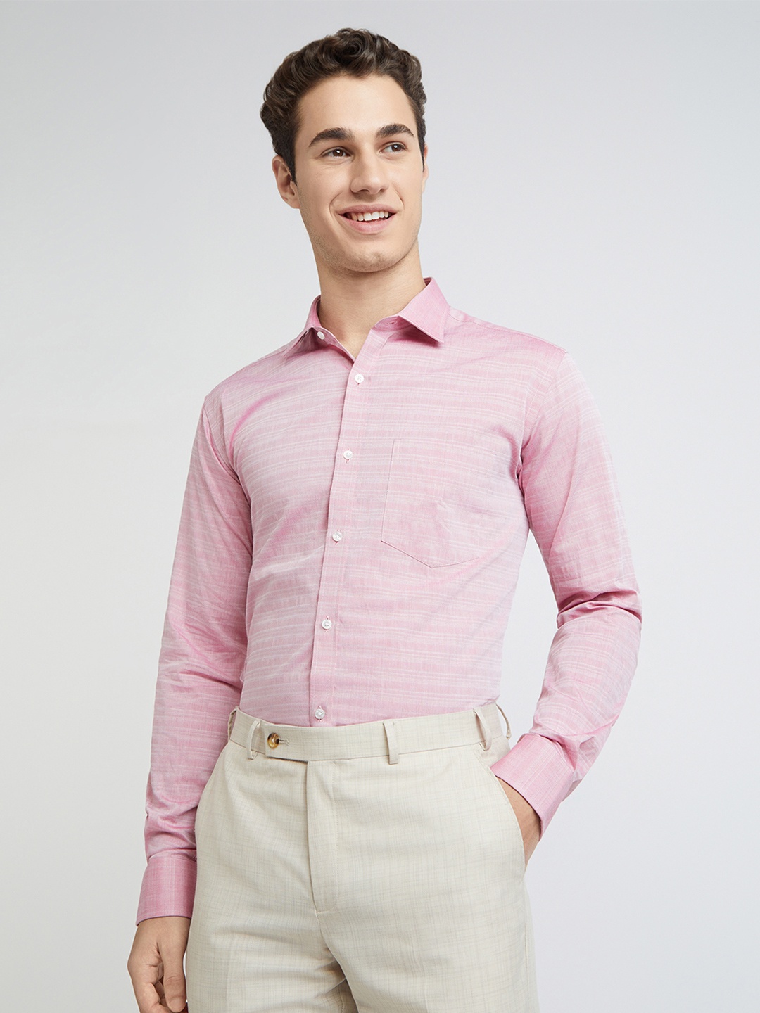 

Park Avenue Pure Cotton Slim Fit Self Design Textured Formal Shirt, Pink