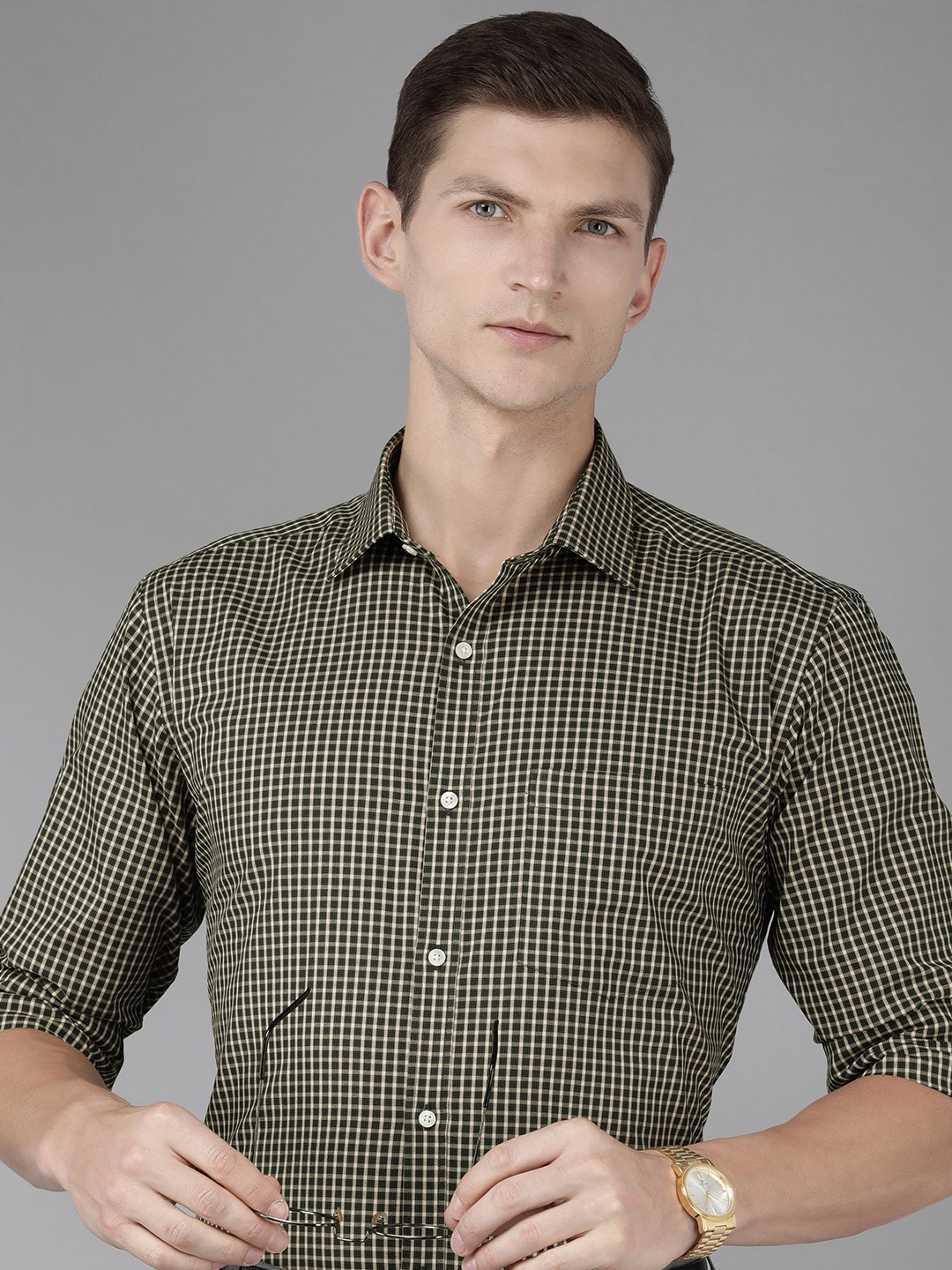 

Park Avenue Slim Fit Micro Checked Pure Cotton Formal Shirt, Green