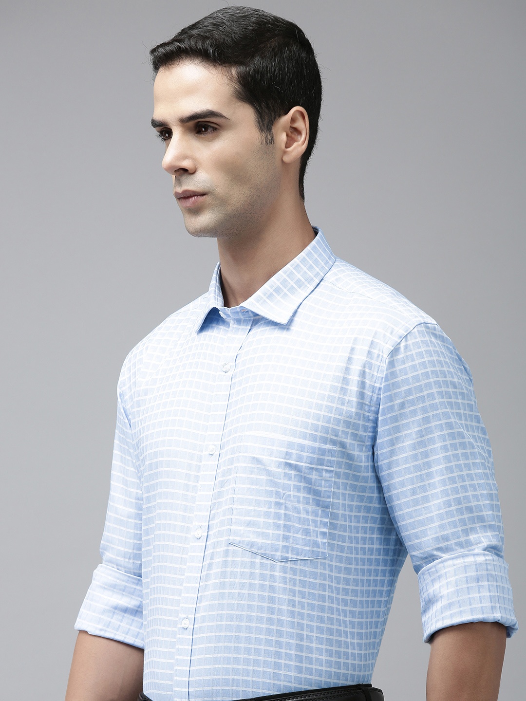 

Park Avenue Slim Fit Windowpane Checked Pure Cotton Formal Shirt, Blue