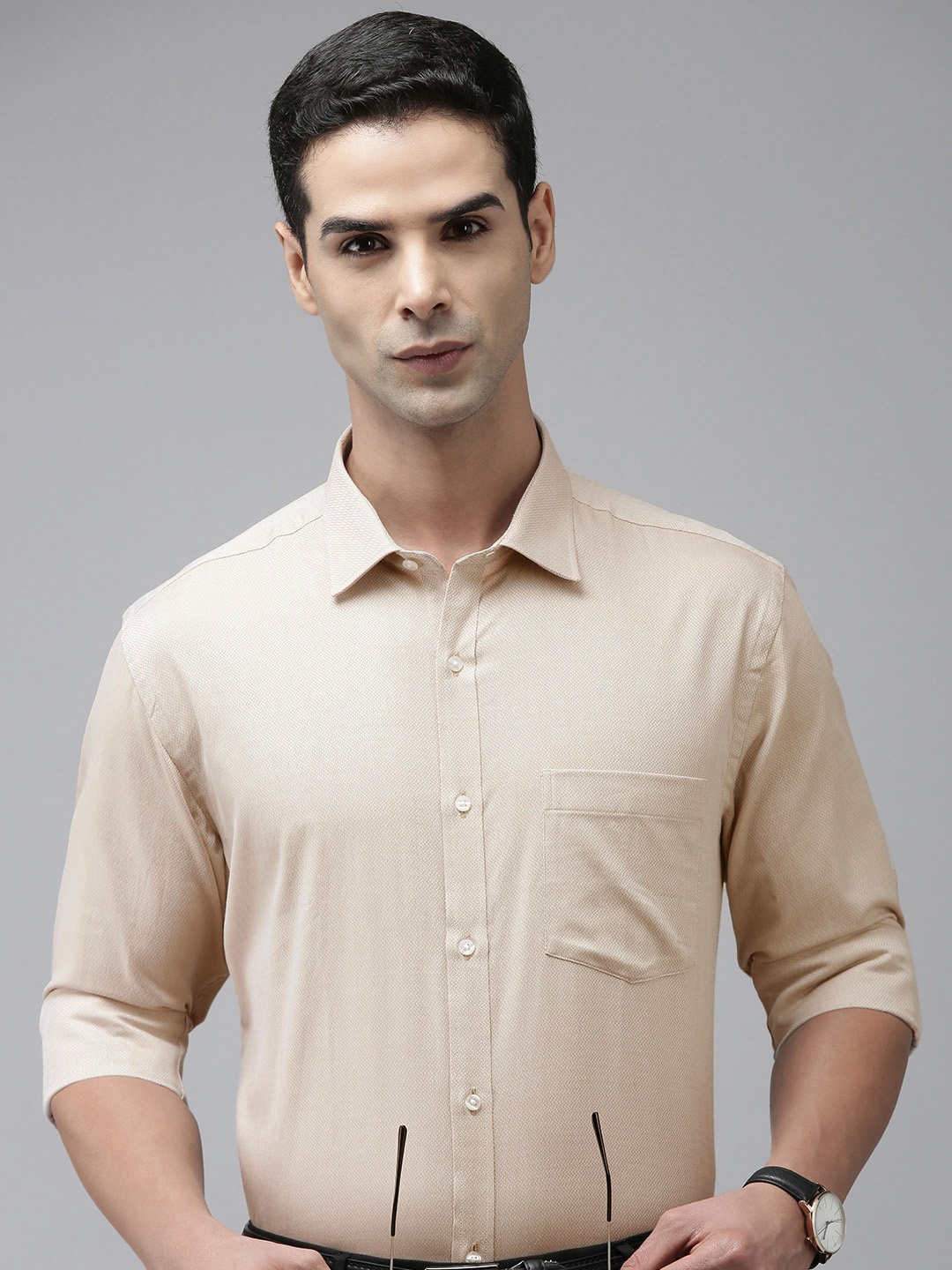 

Park Avenue Men Pure Cotton Textured Slim Fit Formal Shirt, Beige