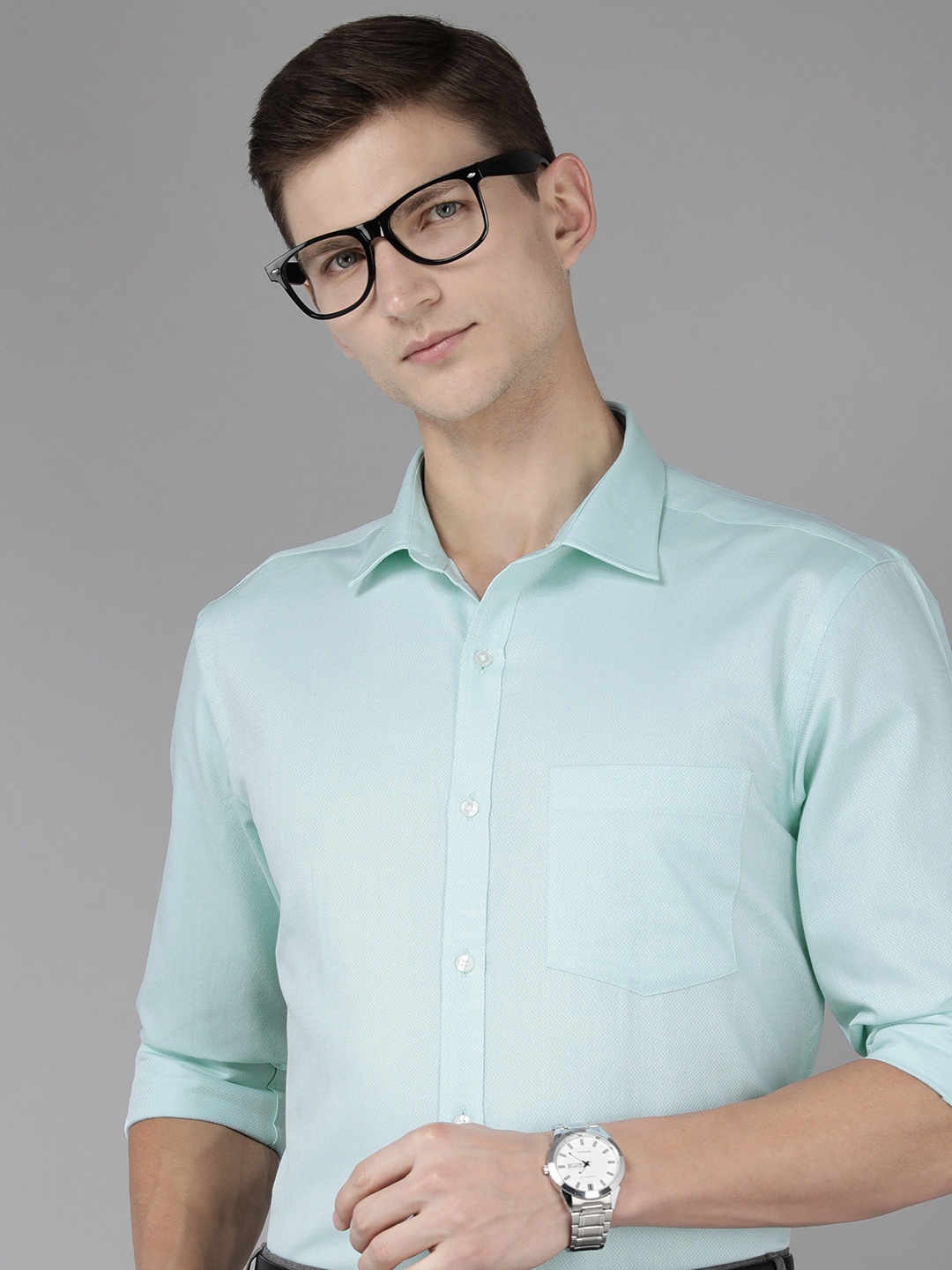 

Park Avenue Pure Cotton Slim Fit Self Design Textured Formal Shirt, Turquoise blue