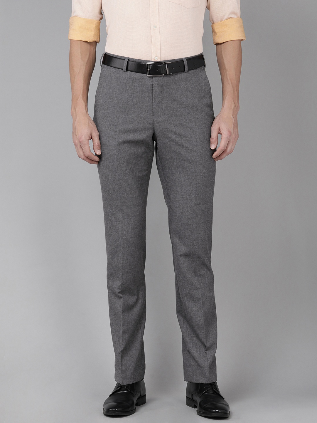 

Park Avenue Men Smart Regular Fit Mid-Rise Plain Woven Flat-Front Formal Trousers, Grey melange