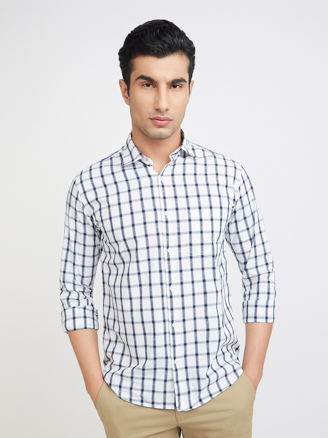 

Park Avenue Men Slim Fit Opaque Checked Pure Cotton Casual Shirt, Navy blue