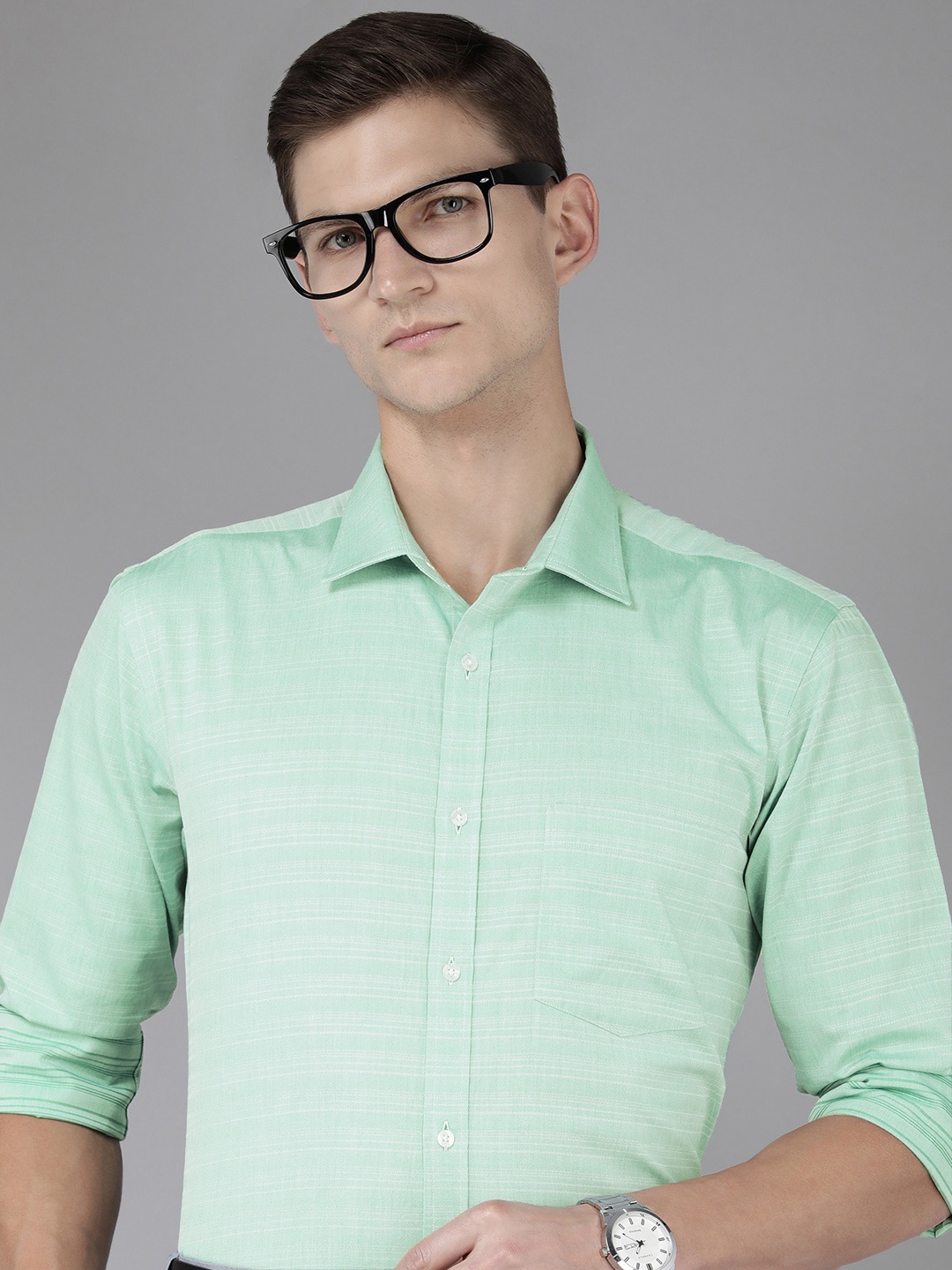 

Park Avenue Slim Fit Striped Pure Cotton Formal Shirt, Green