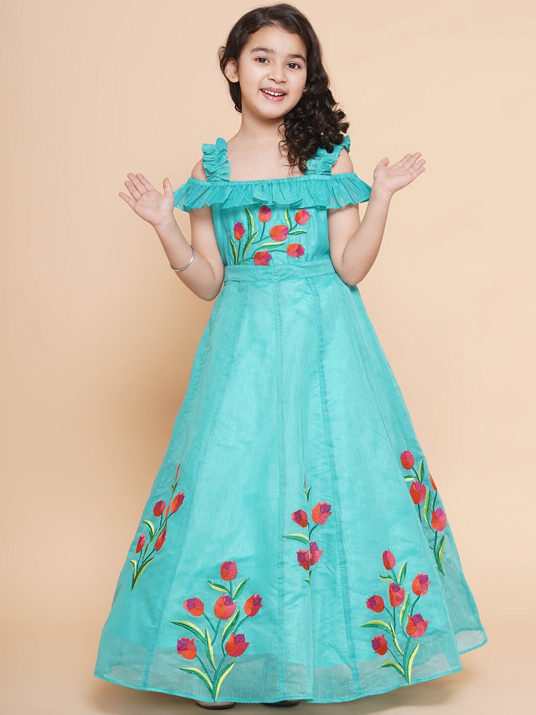 

Bitiya by Bhama Girls Floral Embroidered Cold-Shoulder Maxi Dress, Sea green