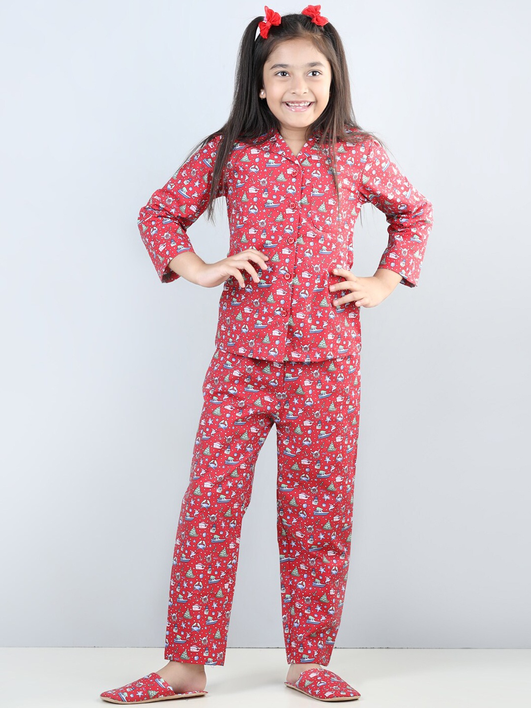 

PICCOLO Girls Conversational Printed Pure Cotton Night Suit, Red