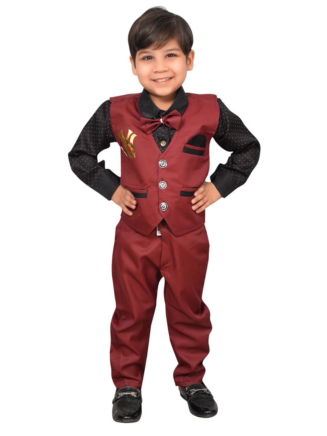 

KIDZAREA Boys Printed Shirt Trousers with Bow & Waistcoat, Purple