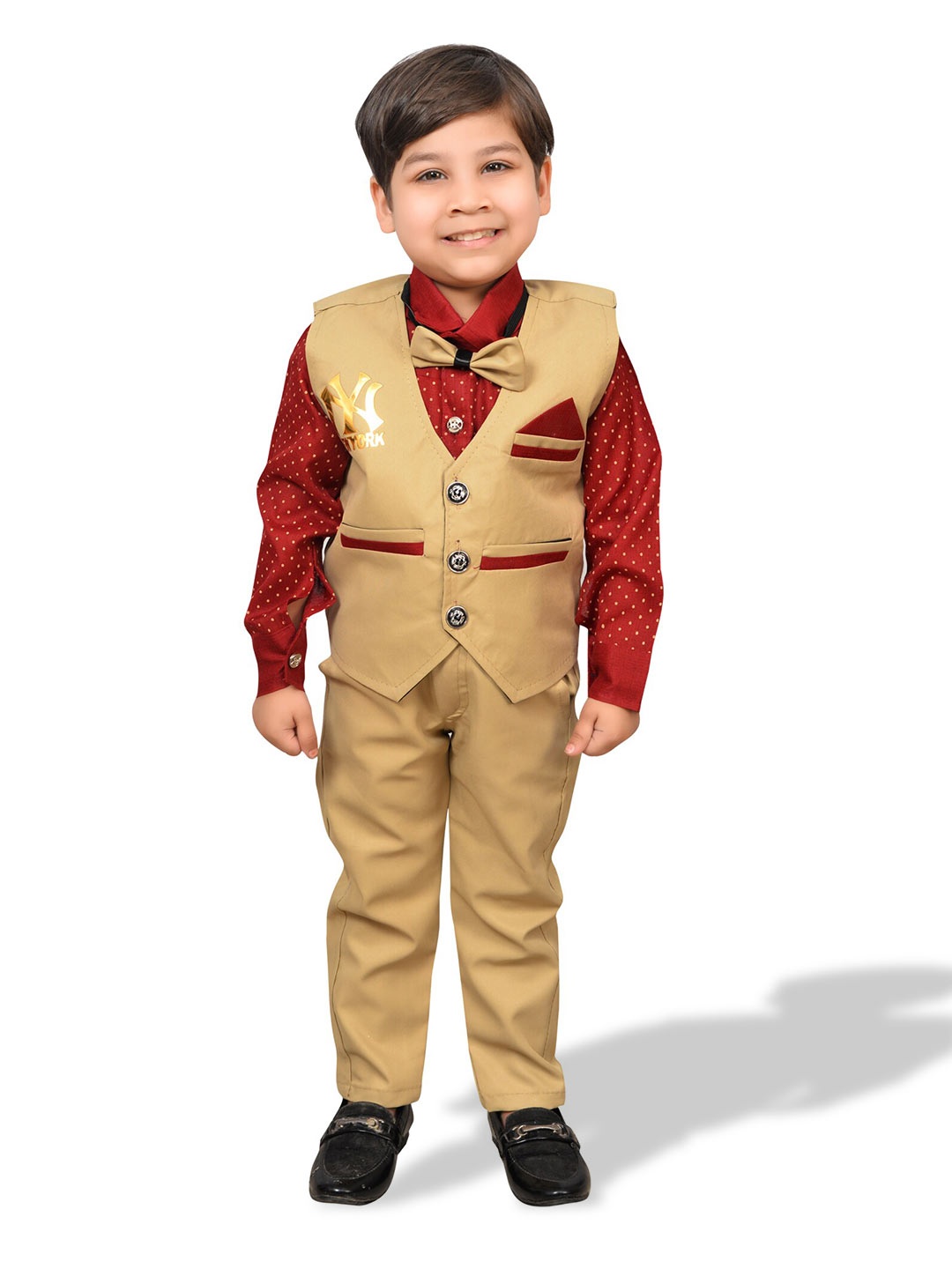 

KIDZAREA Boys Printed Shirt With Trousers And Waistcoat, Beige