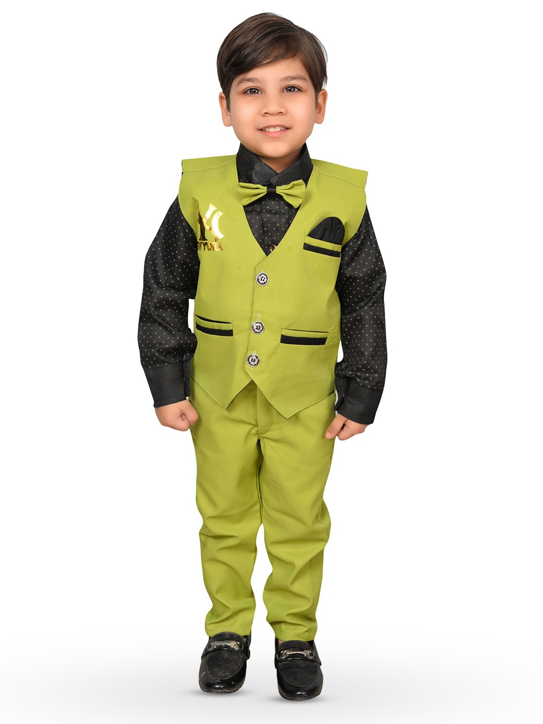 

KIDZAREA Boys Printed Shirt with Trousers & Waistcoat, Green