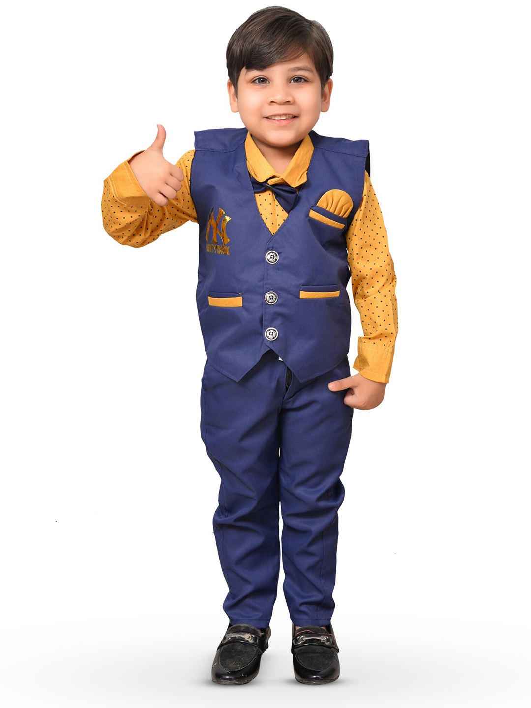 

KIDZAREA Boys Polka Dots Printed Shirt With Trousers & Waistcoat, Navy blue