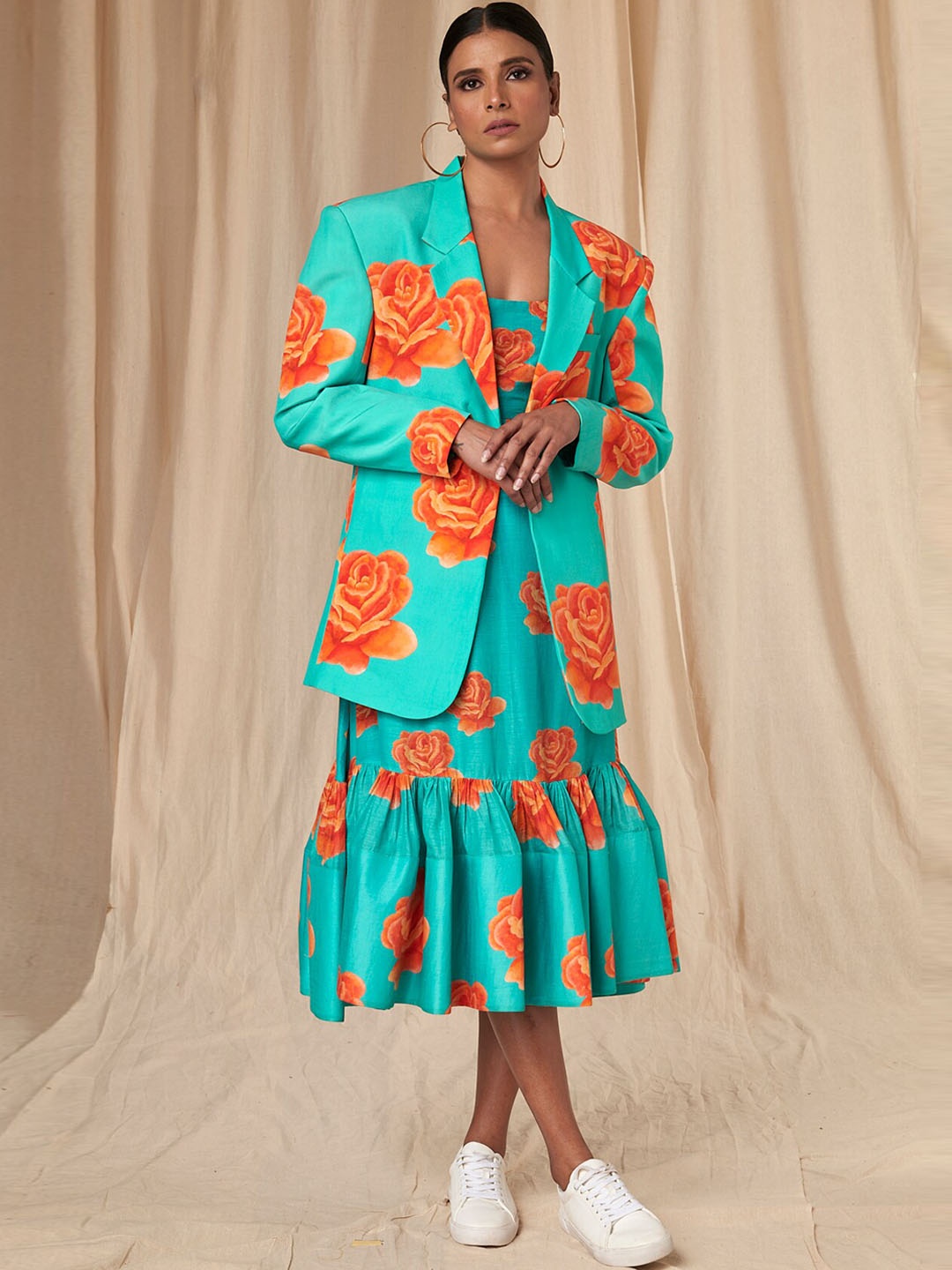 

Masaba Floral Printed Comfort-Fit Single-Breasted Blazers, Teal