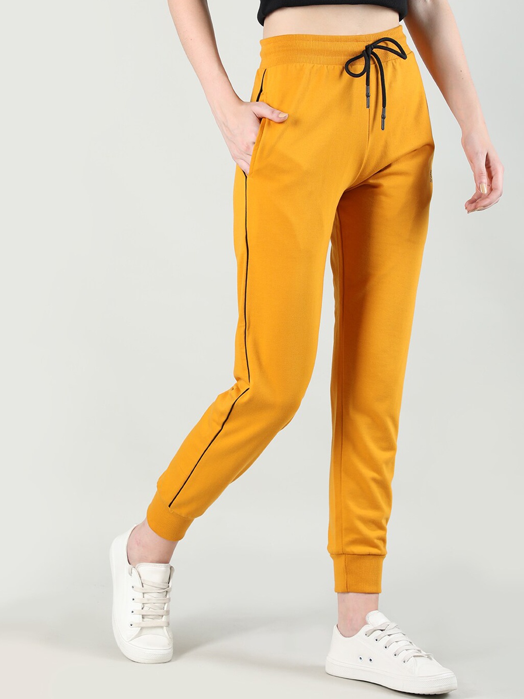 

KEPA Women Logo Printed Mid-Rise Cotton Joggers, Mustard