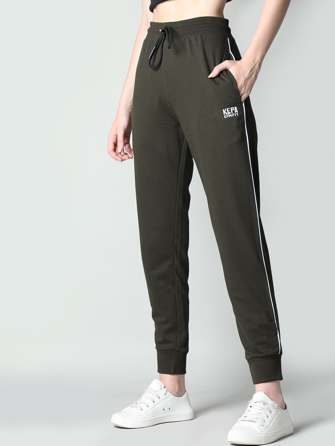 

KEPA Women Logo Printed Mid-Rise Cotton Joggers, Olive
