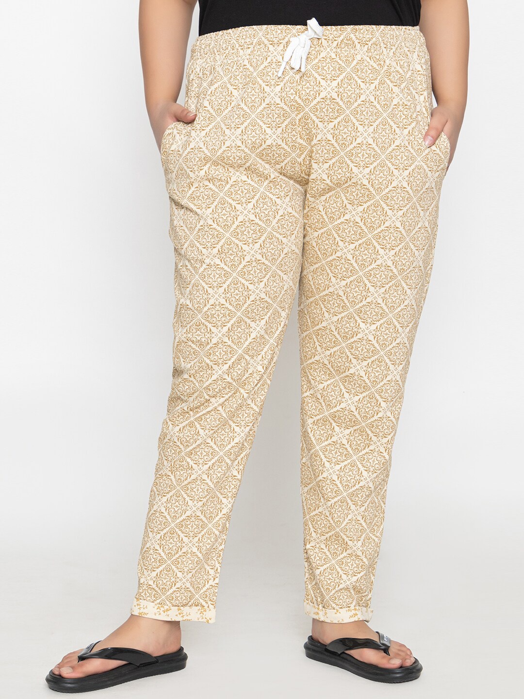 

KEPA Women Plus Size Printed Cotton Mid-Rise Knitted Lounge Pants, Off white