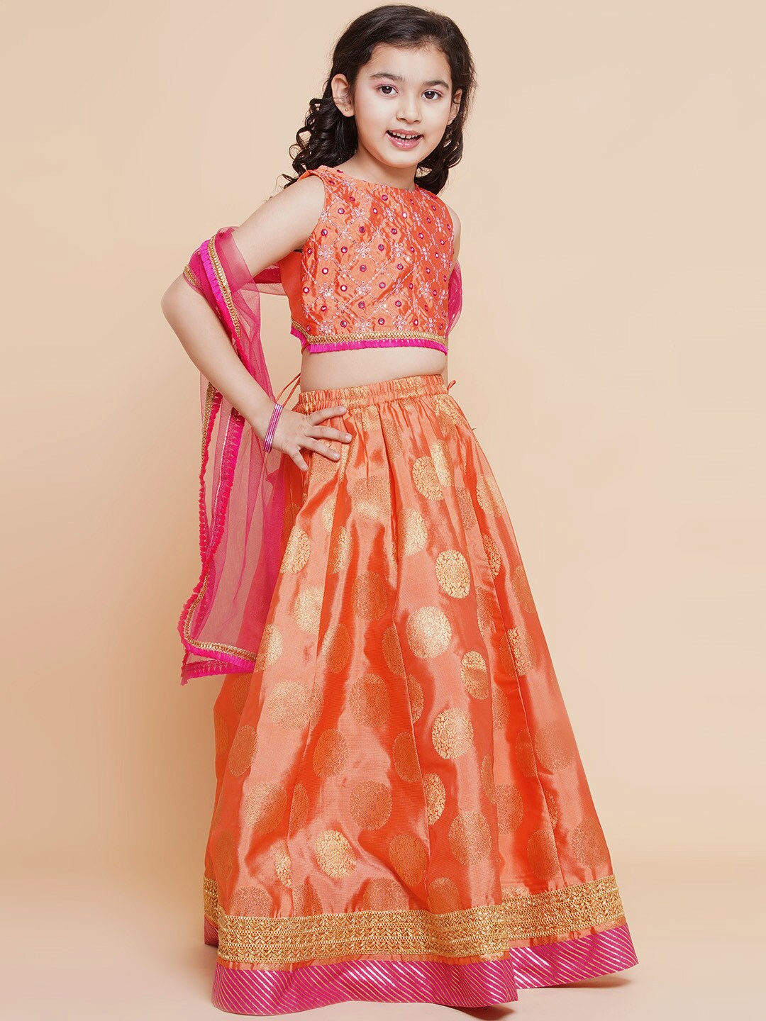 

Bitiya by Bhama Girls Peach-Coloured & Pink Embroidered Mirror Work Ready to Wear Lehenga & Blouse With