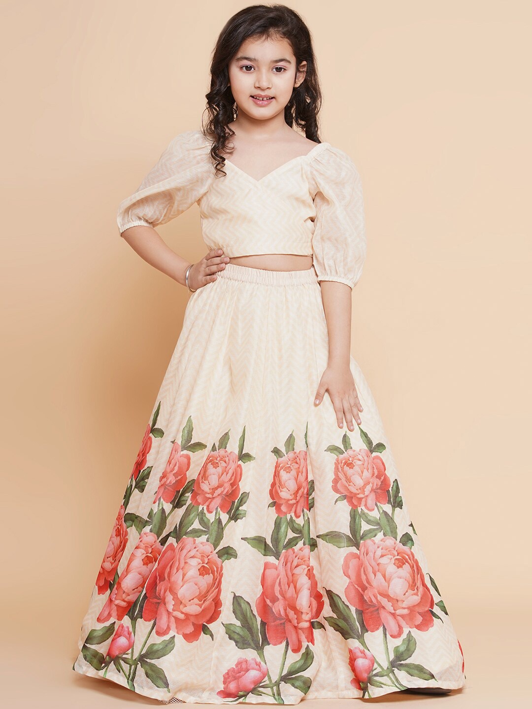 

Bitiya by Bhama Girls Floral Printed Ready to Wear Lehenga & Choli, Beige