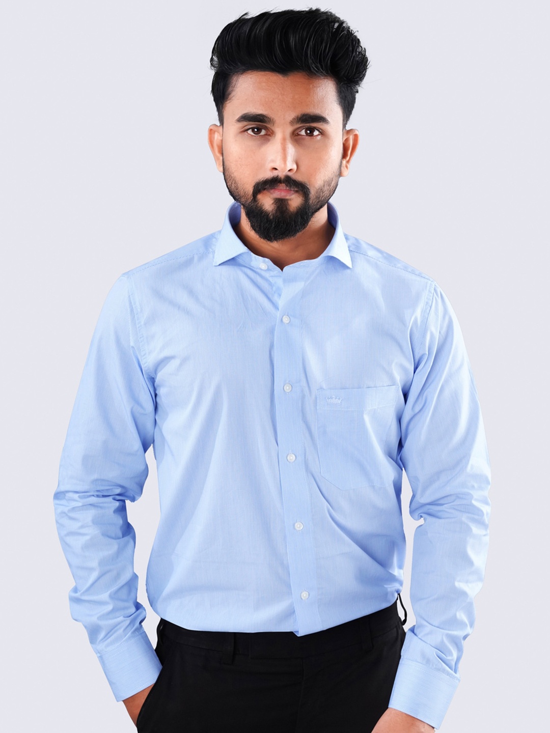 

FRENCH CROWN Standard Fit Striped Twill Pure Cotton Casual Shirt, Blue
